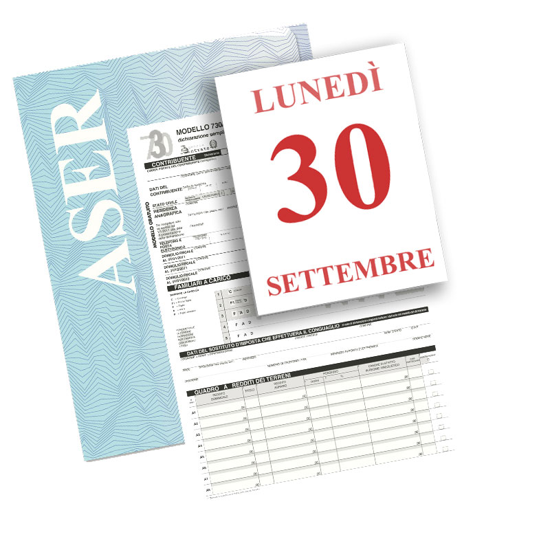 Calendario che indica la scadenza di lunedì 30 settembre, prima pagina del modello 730, cartellina ASER portadocumenti